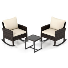 3-Piece Rattan Balcony Set - 2 Rocking Chairs, Glass Table