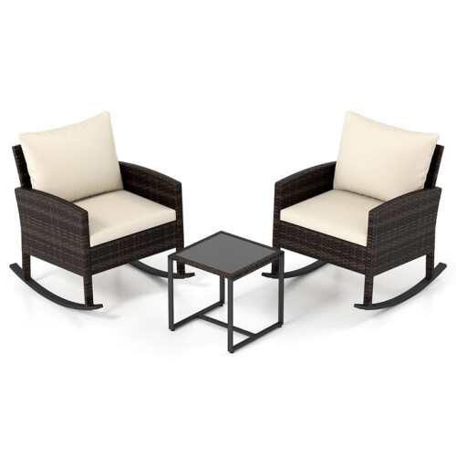 3-Piece Rattan Balcony Set - 2 Rocking Chairs, Glass Table