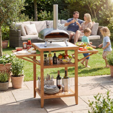 Outdoor Grill Table, Acacia Wood, Faux Marble Top, Drop-Leaf Sides