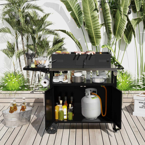 Grill Cart With Storage, Folding Stainless Top, Black 2