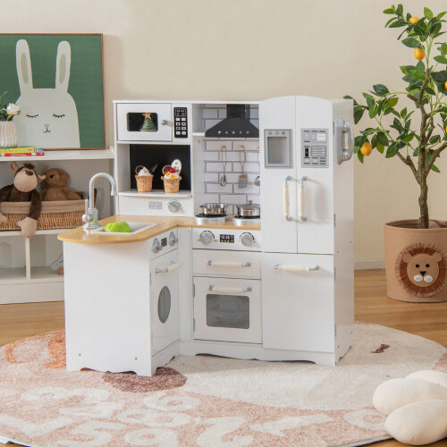 Wooden Corner Play Kitchen Set, White, 5 Accessories 1