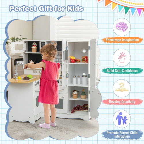 Wooden Corner Play Kitchen Set, White, 5 Accessories 2