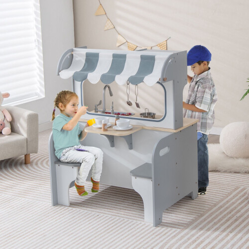 Kids Pretend Kitchen Playset - Double-Sided, 2-Seat Cafe, Gray 2