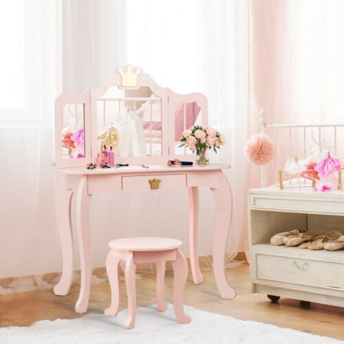 Conjunto de penteadeira infantil com banqueta, espelho triplo e gaveta.