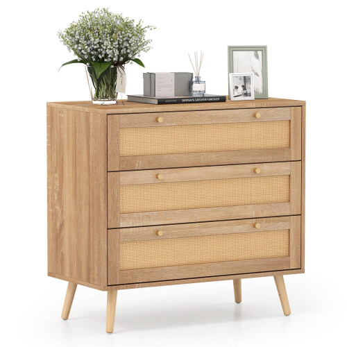 Cômoda de vime com 3 gavetas, mesa de cabeceira boho natural 1