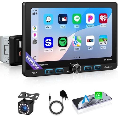 Estéreo de Carro Single Din 7 Polegadas, Player MP5 com CarPlay e Android Auto Sem Fio, Rádio Rotativo, Câmera de Ré , FM, USB 2