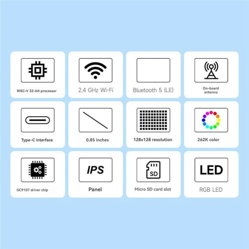 Placa de Desenvolvimento de Display LCD 0,85 Polegadas ESP32-C6 128x128 com LED RGB Porta  2,4 GHz Wi-Fi + 2