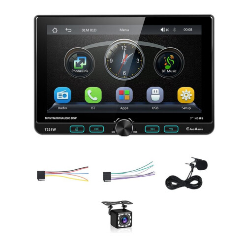 Estéreo de Carro Single Din 7 Polegadas, Player MP5 com CarPlay e Android Auto Sem Fio, Rádio Rotativo, Câmera de Ré , FM, USB