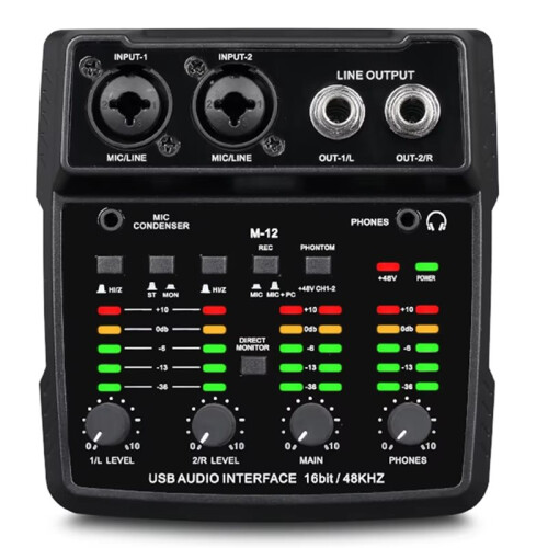 M-12 2 Channels Audio Interface Mixing Console Multi-Track Output for PC,USB Sound Card for Recording Studio Plug&