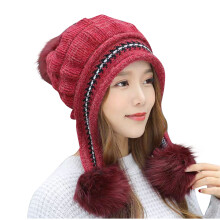 Bonnet de ski rouge à pompon et cache-oreilles en maille pour femme, taille unique