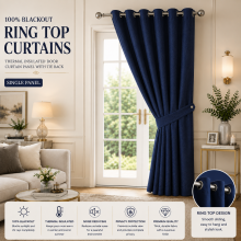 (Navy Ring Top) Ringtop Eyelet Curtains Blackout Pencil Pleat & Crushed Velvet Door Curtain with Tieback