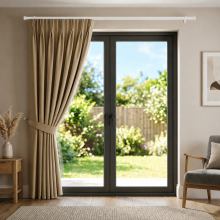 (Beige Pencil Pleat) Ringtop Eyelet Curtains Blackout Pencil Pleat & Crushed Velvet Door Curtain with Tieback