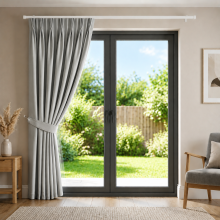(Silver) Blackout Door Curtain with Tieback Plain Pencil Pleat Door Curtain