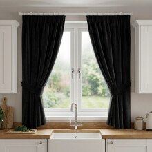(46" x 54" - (117cm x 137cm), Black-Pencil Pleat) 100% Blackout Curtains Plain Pencil Pleat Eyelet Ring Top Curtain Pair