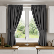 (Dark Grey, 66" X 54" OR 168cm X 137cm) 100% Blackout Curtains Pencil Pleat Curtain Pair with Tiebacks