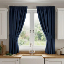 (66" x 54" - (168cm x 137cm), Blue-Pencil Pleat) 100% Blackout Curtains Plain Pencil Pleat Eyelet Ring Top Curtain Pair