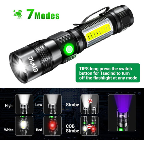 Rechargeable UV Tactical Flashlight 1200LM 3-in-1 2 Pack 1