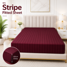 (Single: 91 x 190 cm, Burgundy) Pack of 2 Stripe Fitted Bed Sheets Extra Deep 40 CM Fitted Mattress Sheets