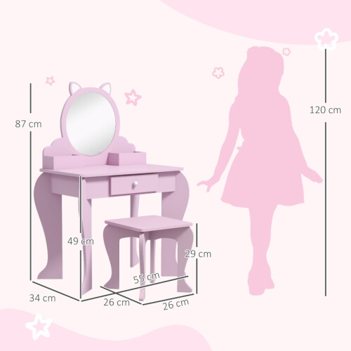 Kids Vanity Table with Mirror, Stool 1