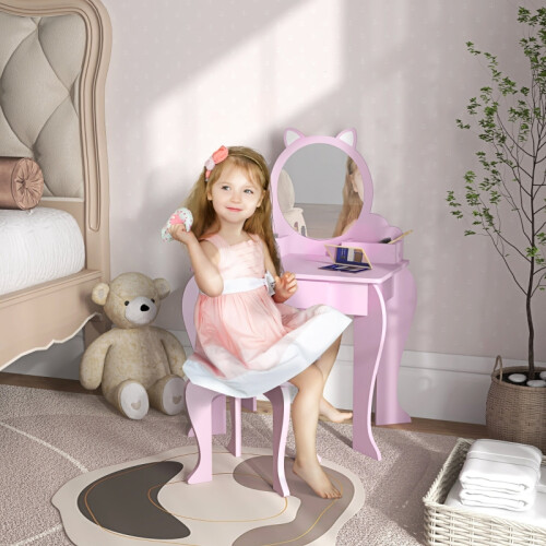 Kids Vanity Table with Mirror, Stool 2