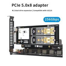 Dual NVMe PCIe 5.0 X16 Expansion Card 256Gbps Supports X8/X16 Slot for 2280/2260/2242/2230 NVME SSD Soft Support