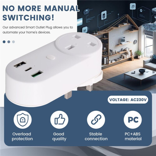Socket WiFi Plug 16A 2-Hole USB+Type-C Outlets 65W Remote Control Compatible Alexa UK Plug 2