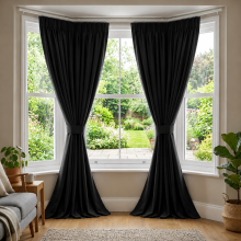 (Black, 66" X 90" OR 168cm X 228cm.) 100% Blackout Curtains Pencil Pleat Curtain Pair with Tiebacks