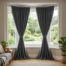 (Dark Grey, 66" X 90" OR 168cm X 228cm.) 100% Blackout Curtains Pencil Pleat Curtain Pair with Tiebacks