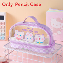 (PurpleHello) Red Cat Kt Double Layer Transparent Pen Case With Storage For Stationery School And