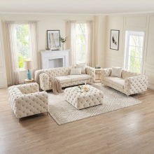 (Cream, Armchair) Luxury 3+2 Velvet Sofa Set Monaco Chesterfield Settee Lounger Loveseat Couch Set