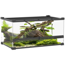 Terrario in vetro per rettili con base impermeabile e chiusura di sicurezza.