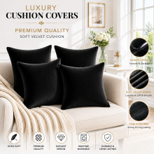 (Black Plain, Pack of 4) Velvet Cushion Covers Plain & Stripe Patterned Cushion Covers Set Pack of 2 & 4
