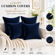 (Navy Blue Plain, Pack of 4) Velvet Cushion Covers Plain & Stripe Patterned Cushion Covers Set Pack of 2 & 4