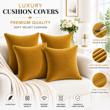 (Ochre Mustard Plain, Pack of 4) Velvet Cushion Covers Plain & Stripe Patterned Cushion Covers Set Pack of 2 & 4