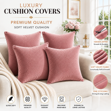 (Pink Rose Plain, Pack of 4) Velvet Cushion Covers Plain & Stripe Patterned Cushion Covers Set Pack of 2 & 4