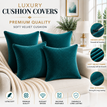 (Teal Plain , Pack of 4) Velvet Cushion Covers Plain & Stripe Patterned Cushion Covers Set Pack of 2 & 4