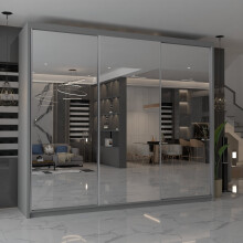 (Grey, 250cm) Modern Triple Mirrored Sliding Wardrobes