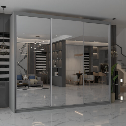 MN Furniture (Grey,  250cm) Modern Triple Mirrored Sliding Wardrobes