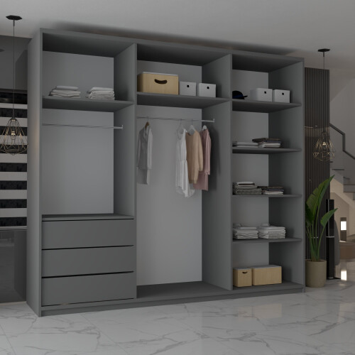 MN Furniture (Grey,  250cm) Modern Triple Mirrored Sliding Wardrobes 1