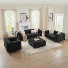 (Black, 2 Seater) Luxury 3+2 Velvet Sofa Set Monaco Chesterfield Settee Lounger Loveseat Couch Set