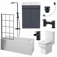 Complete Bathroom Suite 1700mm Single Ended Square Bath Screen Basin Vanity Toilet Shower Taps Waste