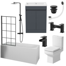 Complete Bathroom Suite 1600mm Single Ended Square Bath Screen Basin Vanity Toilet Shower Taps Waste