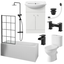 Complete Bathroom Suite 1700mm Single Ended Curved Bath Screen Basin Vanity Toilet Shower Taps Waste