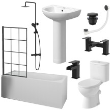 Complete Bathroom Suite 1700mm Single Ended Curved Bath Screen Basin Pedestal Toilet Shower Taps Waste