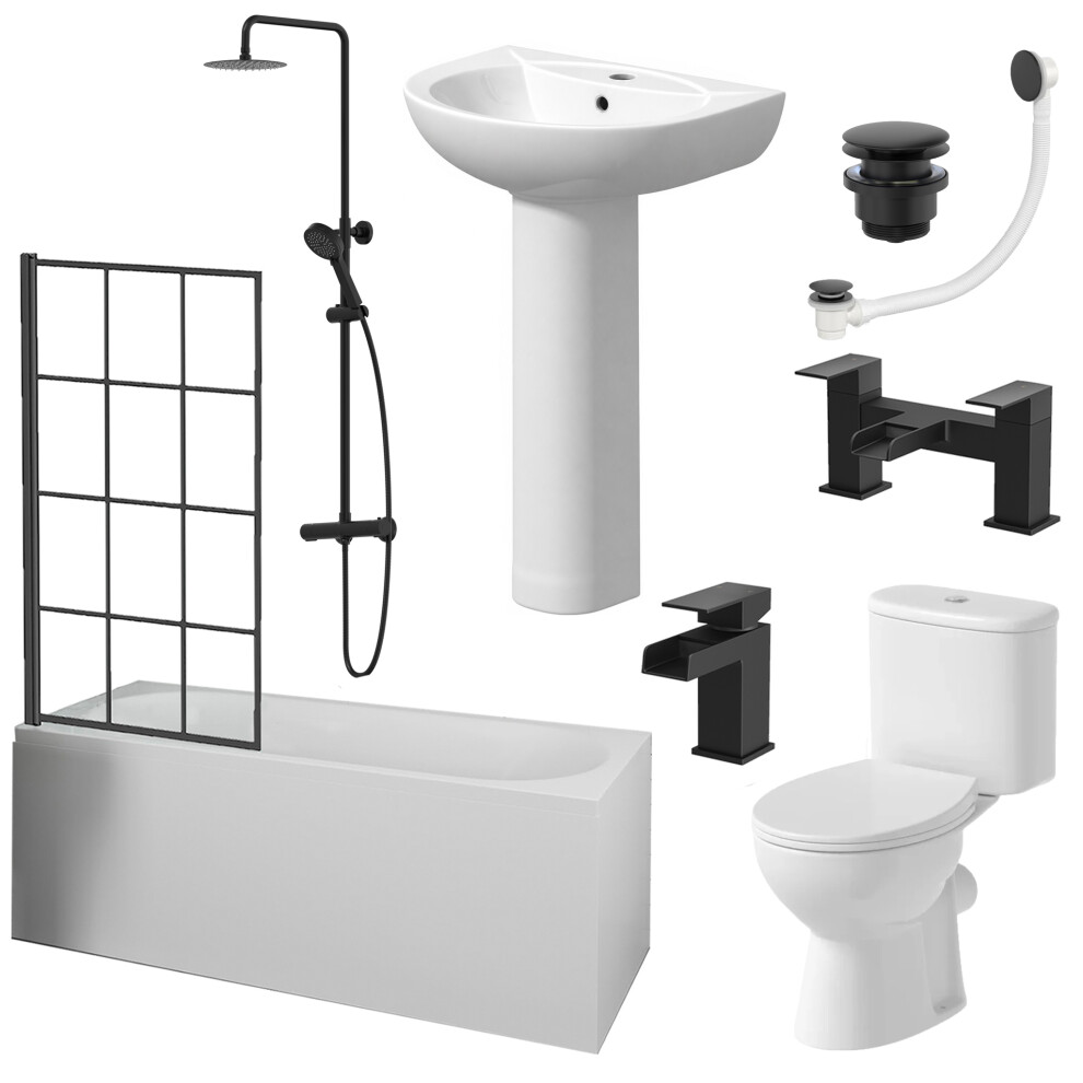 Complete Bathroom Suite 1700Mm Single Ended Curved Bath Screen Basin Pedestal Toilet Shower Taps Waste 5056902464025