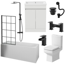 Complete Bathroom Suite 1700mm Single Ended Curved Bath Screen Basin Vanity Toilet Shower Taps Waste