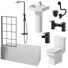 Complete Bathroom Suite 1700mm Single Ended Curved Bath Screen Basin Pedestal Toilet Shower Taps Waste