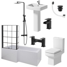 Complete Bathroom Suite 1700mm LH L-Shaped Bath Screen Basin Pedestal Toilet Shower Taps Waste
