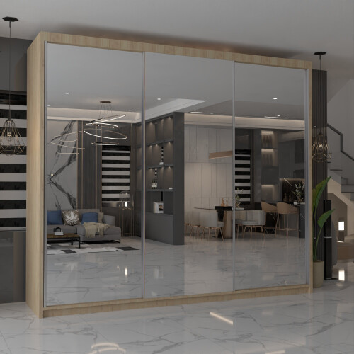 MN Furniture (Oak,  250cm) Modern Triple Mirrored Sliding Wardrobes