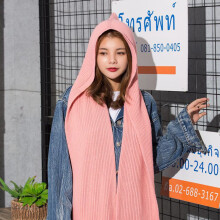 Knit Hooded Scarf and Melon Cap Set for Women Pink